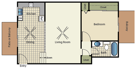 One bedroom one bath apartment floorplan